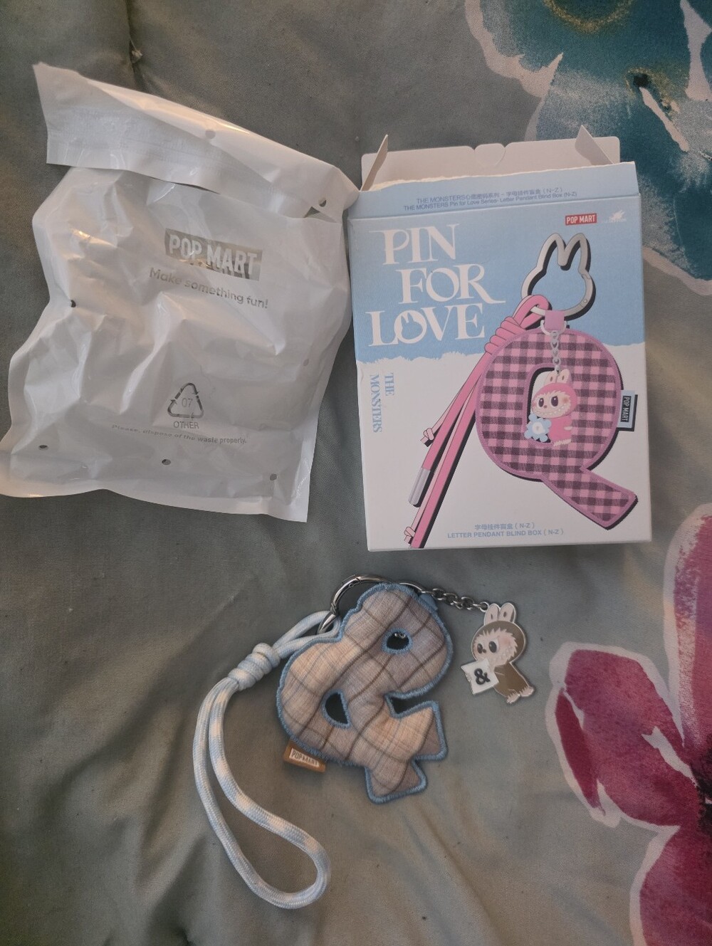 Pink & Blue Plaid '&' Letter Keychain Charm